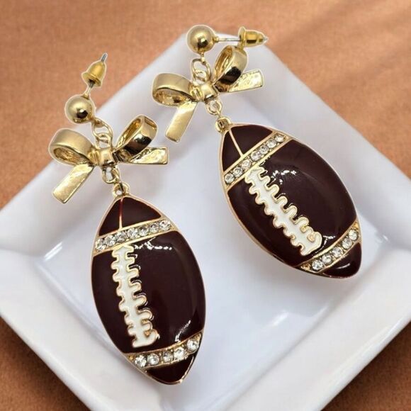 Rhinestone Football Earrings Women's Brown Enamel Gold Dangle Jewelry Pierced - Picture 6 of 7